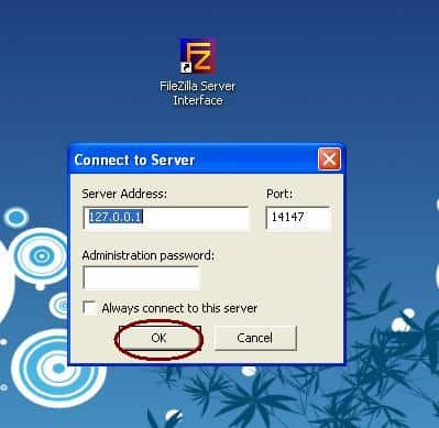 Run FileZilla Server Interface after installation, a dialog box asking for 